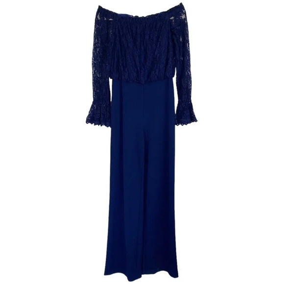 ADRIANNA PAPELL Off Shoulder Crepe Jumpsuit With Lace Bodice Navy Blue Size 2 - Picture 2 of 10